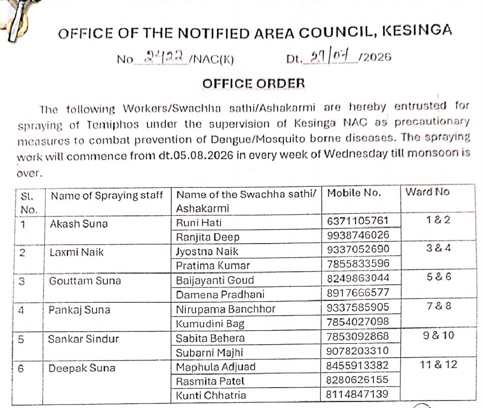 କେସିଙ୍ଗା ଏନ୍ ଏ ସି ରେ ଡେଙ୍ଗୁ ମଶା ପାଇଁ ଔଷଧ ସିଞ୍ଚନ